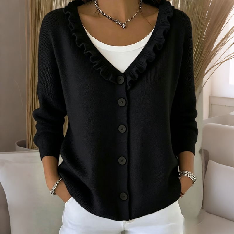Margaux | Cardigan pour Femme Coupe Décontractée Col Volanté Boutonné - Noir