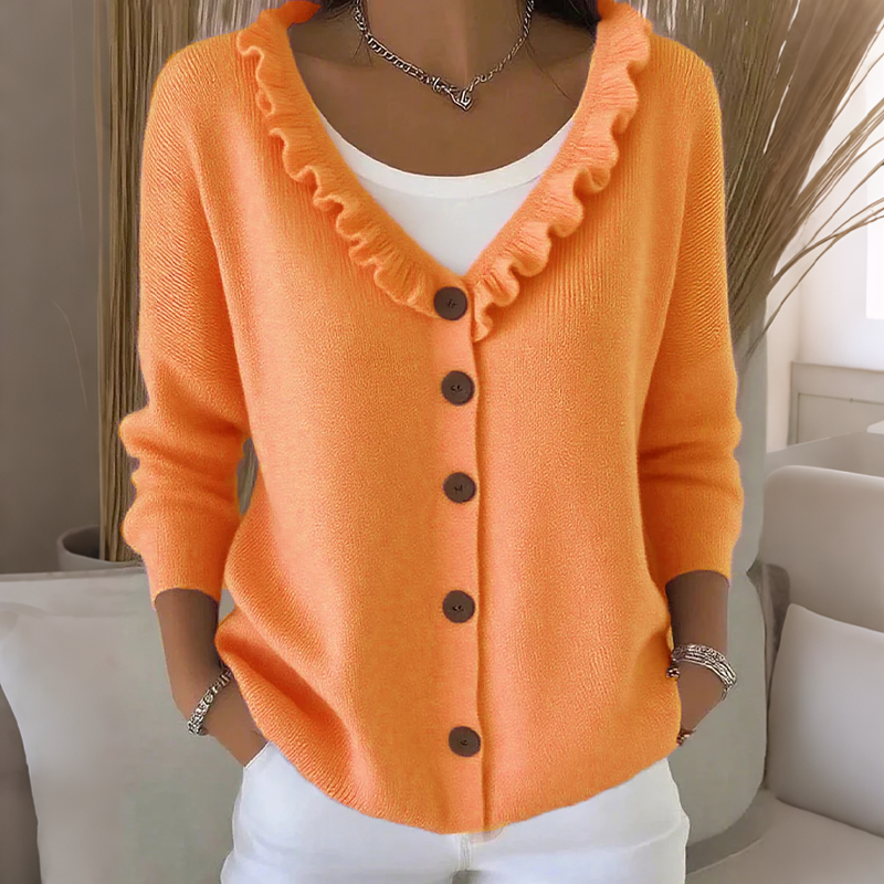 Margaux | Cardigan pour Femme Coupe Décontractée Col Volanté Boutonné - Orange