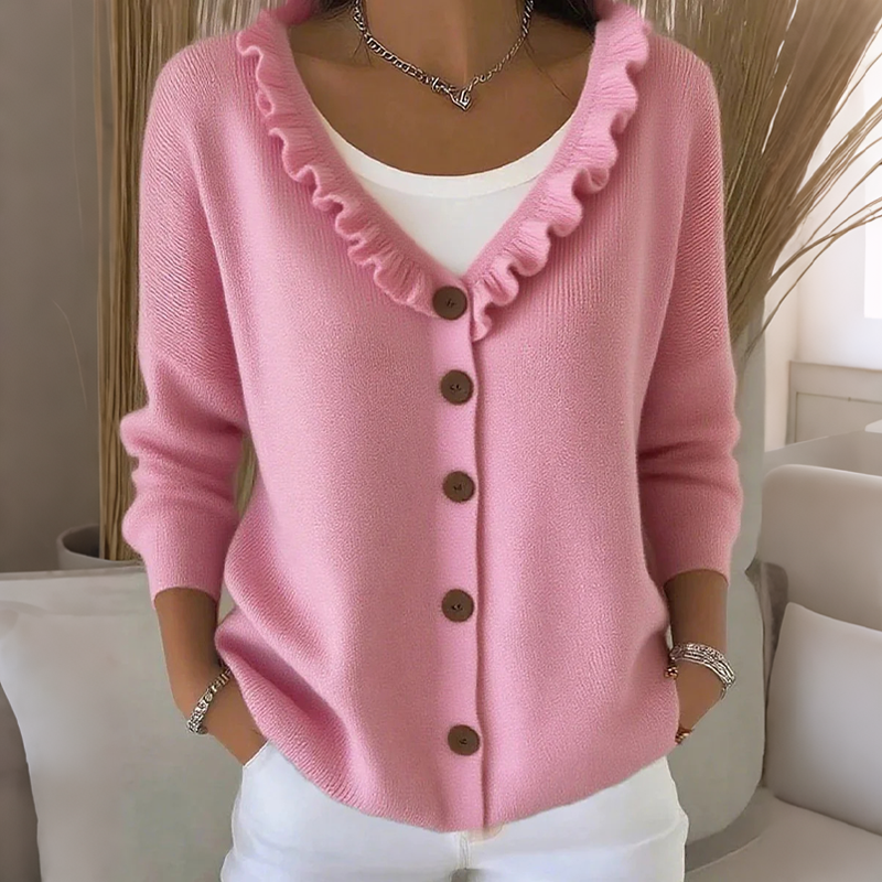 Margaux | Cardigan pour Femme Coupe Décontractée Col Volanté Boutonné - Rose