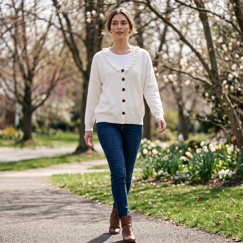 Margaux | Cardigan pour Femme Coupe Décontractée Col Volanté Boutonné - Rose