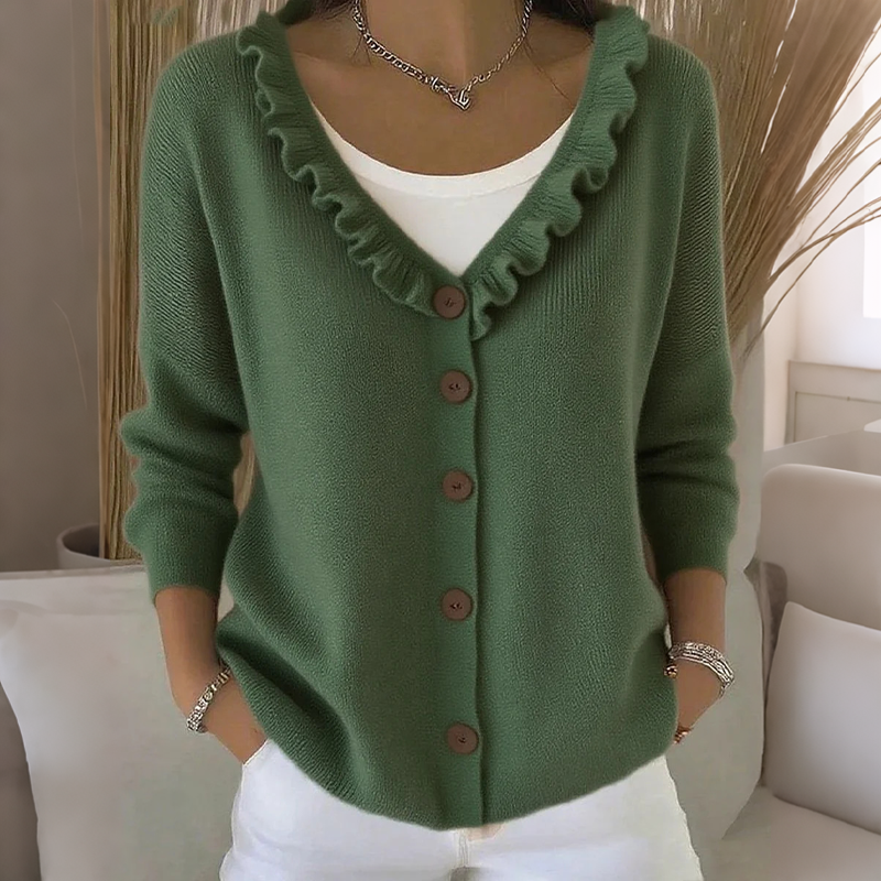 Margaux | Cardigan pour Femme Coupe Décontractée Col Volanté Boutonné - Vert