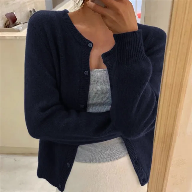 Margaux | Cardigan pour Femme Maille Fine Boutonnée Col Rond - Bleu Marine