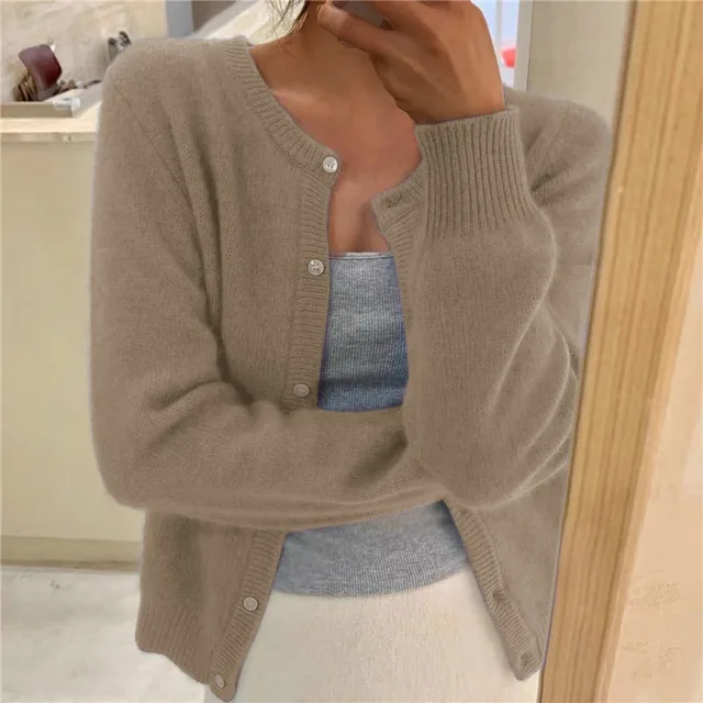 Margaux | Cardigan pour Femme Maille Fine Boutonnée Col Rond - Kaki