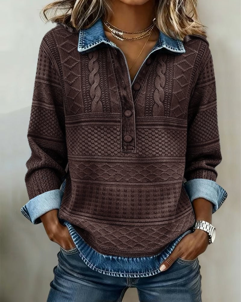 Margaux | Chemise pour Femme Coupe Décontractée Demi-Fermeture Motifs Tressés - Café