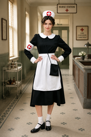 Margaux | Déguisement Halloween Femme Infirmière Vintage Col Claudine Manches Longues Robe Midi - Noir