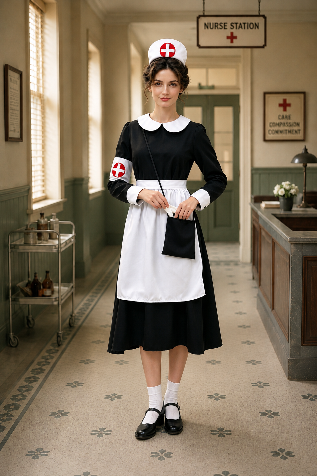 Margaux | Déguisement Halloween Femme Infirmière Vintage Col Claudine Manches Longues Robe Midi - Noir