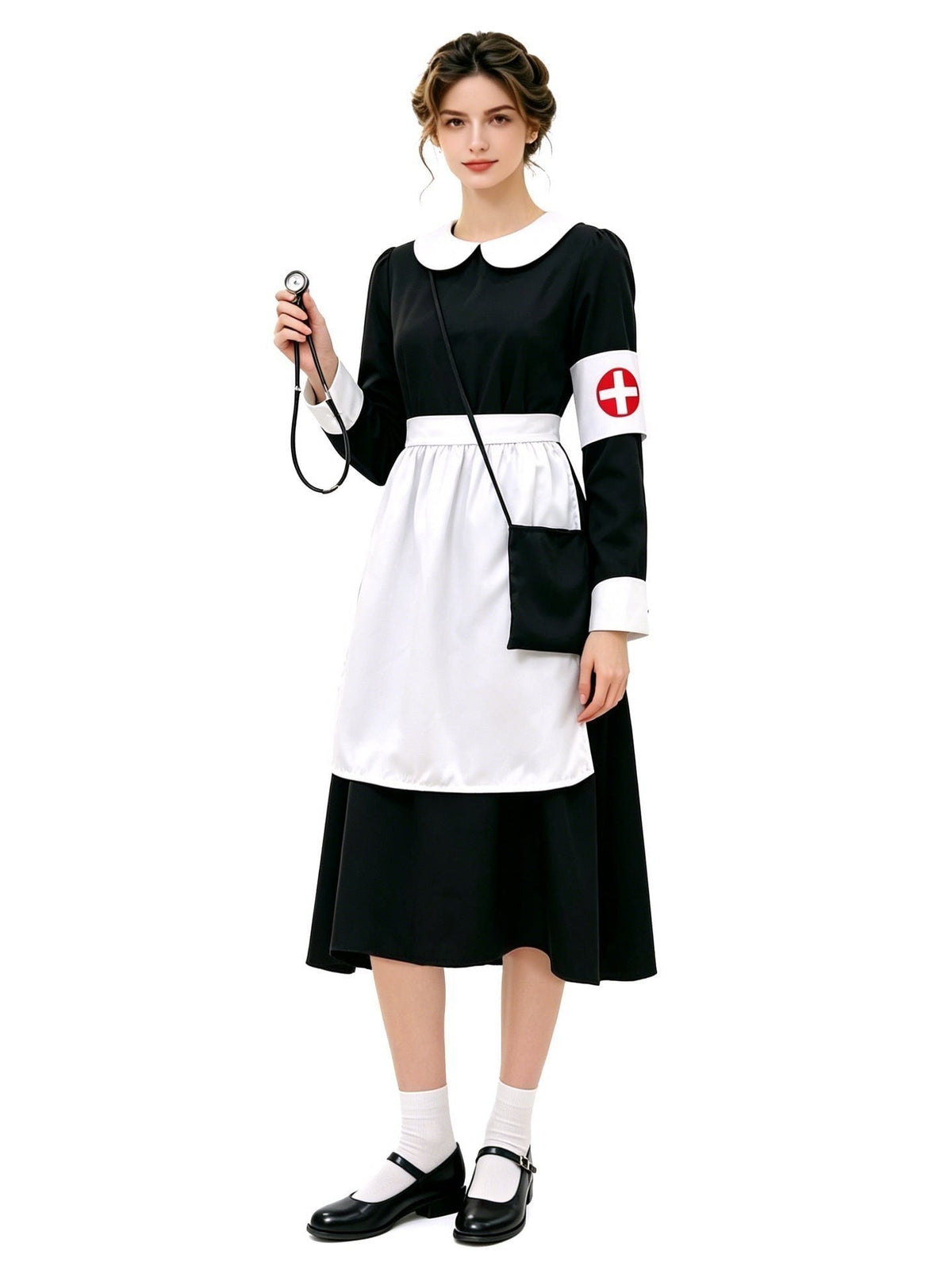 Margaux | Déguisement Halloween Femme Infirmière Vintage Col Claudine Manches Longues Robe Midi - Noir