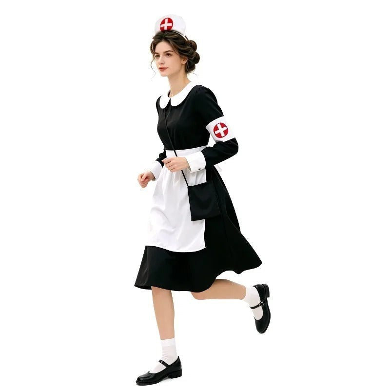 Margaux | Déguisement Halloween Femme Infirmière Vintage Col Claudine Manches Longues Robe Midi - Noir