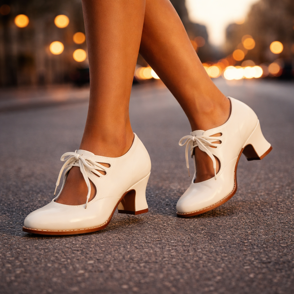 Margaux | Escarpins pour Femme Bout Amande Lacets Fins Talon Moyen - Blanc