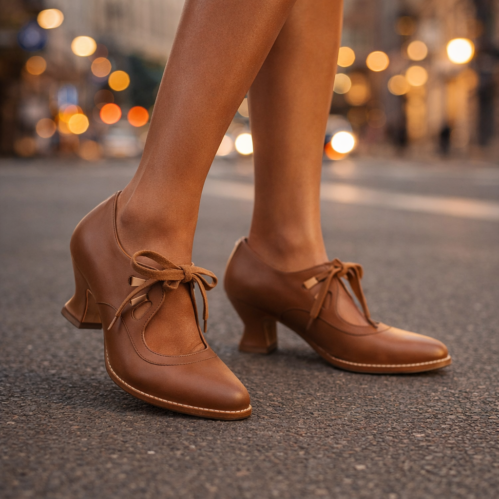 Margaux | Escarpins pour Femme Bout Amande Lacets Fins Talon Moyen - Marron