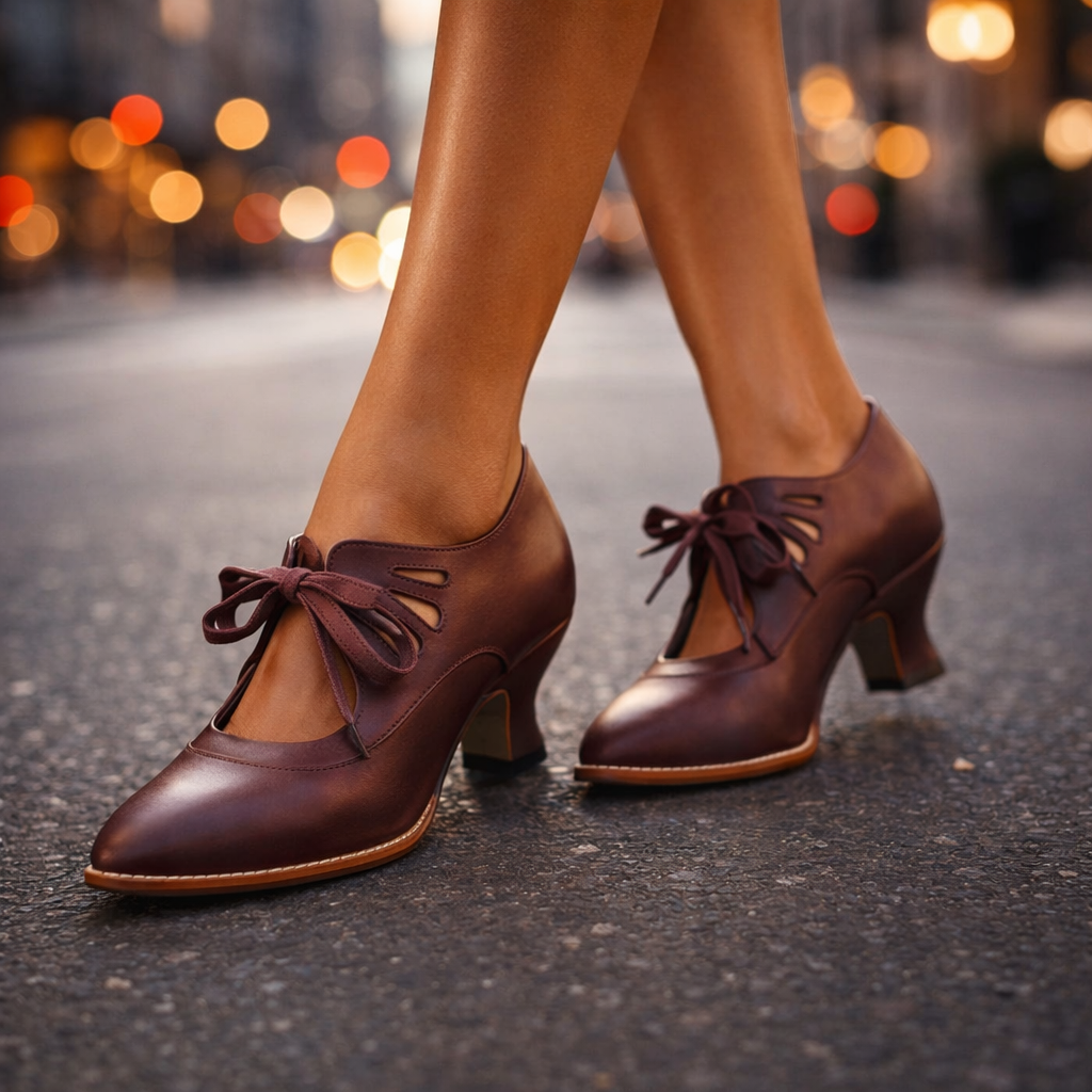 Margaux | Escarpins pour Femme Bout Amande Lacets Fins Talon Moyen - Rouge Foncé