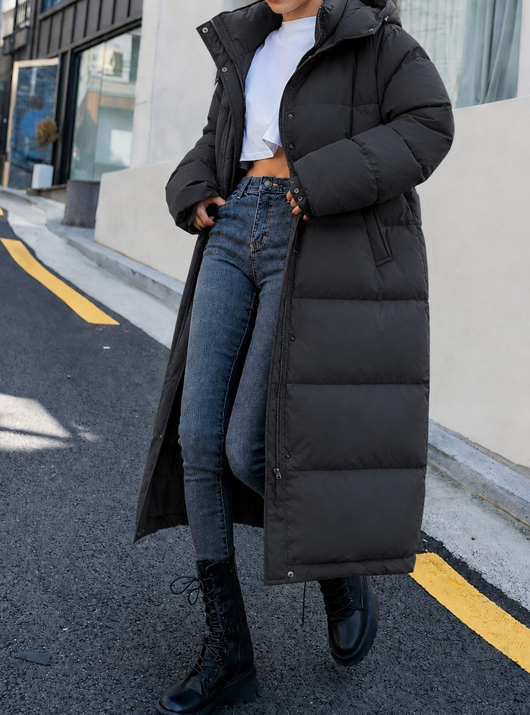 Margaux | Parka Femme Matelassée Longueur Maxi Capuche Amovible - Noir