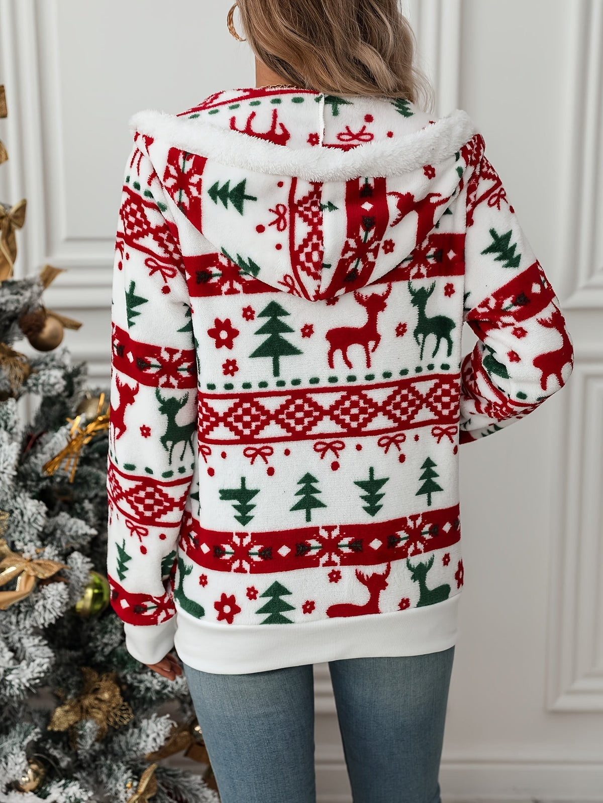 Margaux | Pour Femme Pull de Noël Zip Motif Renne Coupe Ample Sweat à Capuche - Blanc
