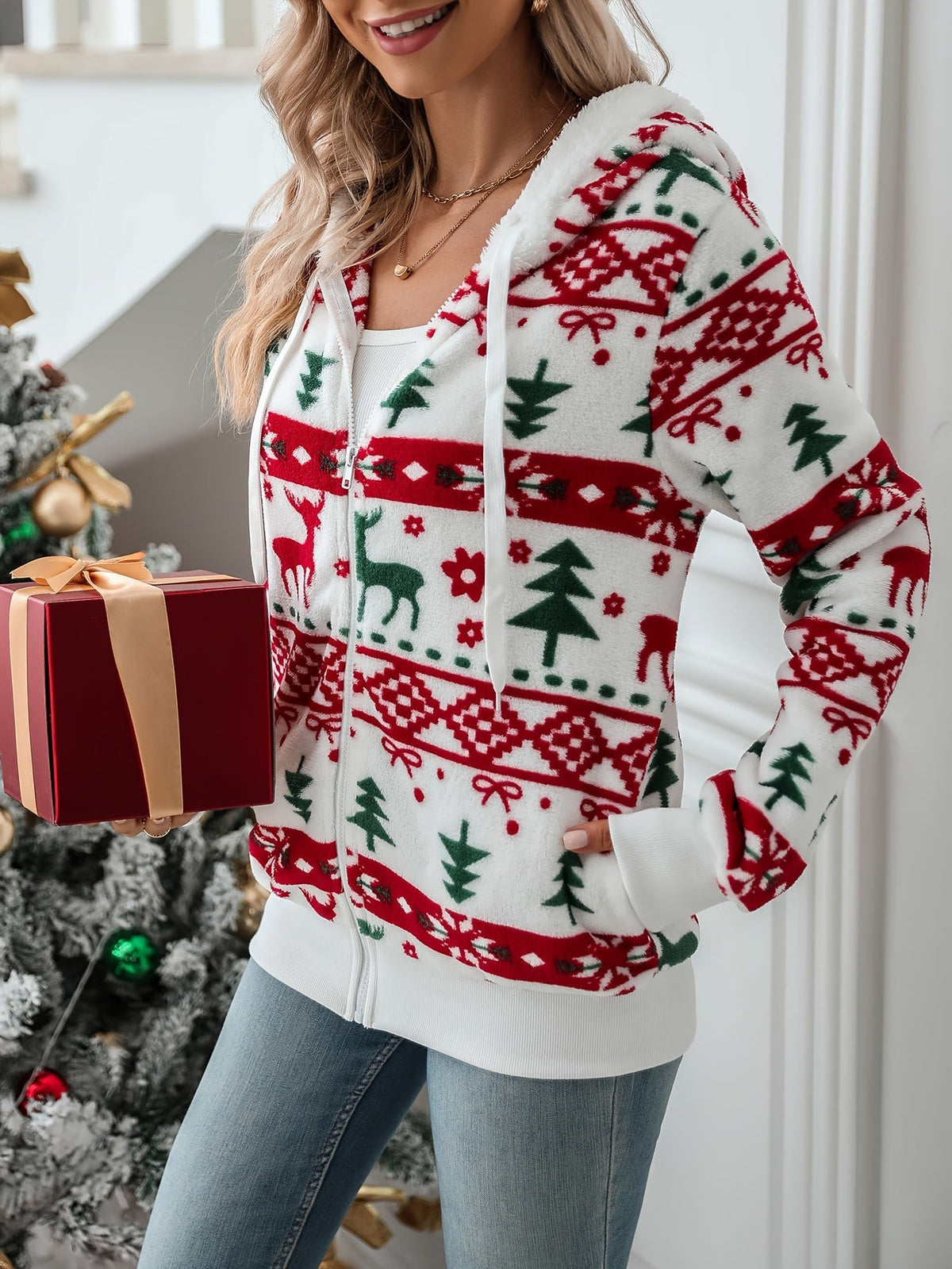 Margaux | Pour Femme Pull de Noël Zip Motif Renne Coupe Ample Sweat à Capuche - Blanc