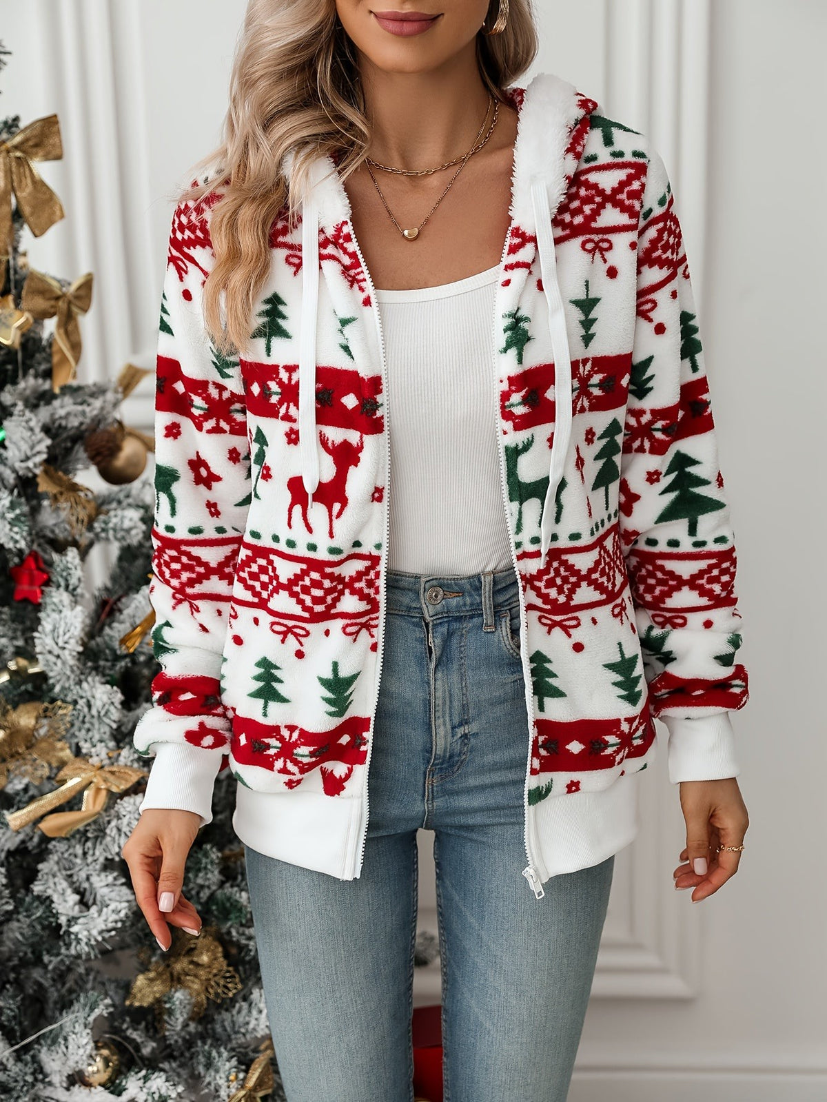 Margaux | Pour Femme Pull de Noël Zip Motif Renne Coupe Ample Sweat à Capuche - Blanc