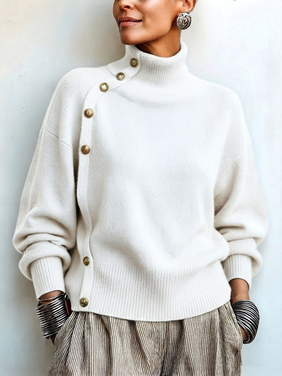 Margaux | Pull pour Femme Col Roulé Asymétrique Boutonné Coupe Ample - Blanc