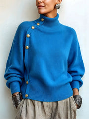 Margaux | Pull pour Femme Col Roulé Asymétrique Boutonné Coupe Ample - Bleu