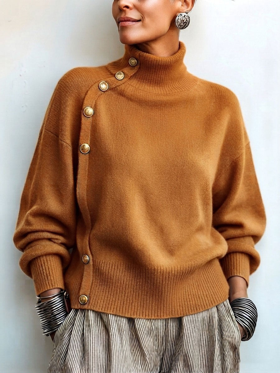 Margaux | Pull pour Femme Col Roulé Asymétrique Boutonné Coupe Ample - Café