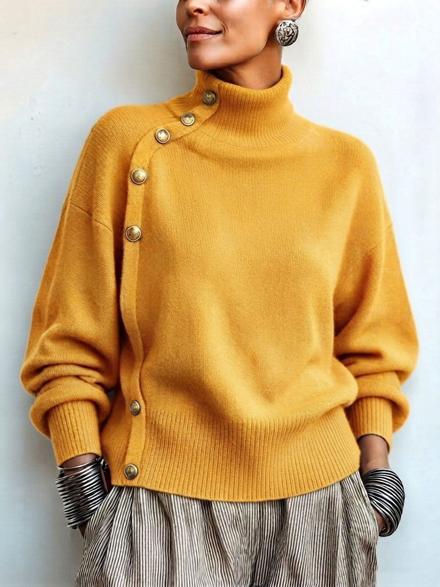 Margaux | Pull pour Femme Col Roulé Asymétrique Boutonné Coupe Ample - Jaune