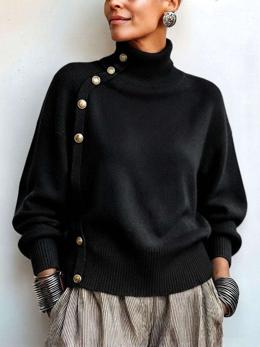 Margaux | Pull pour Femme Col Roulé Asymétrique Boutonné Coupe Ample - Noir