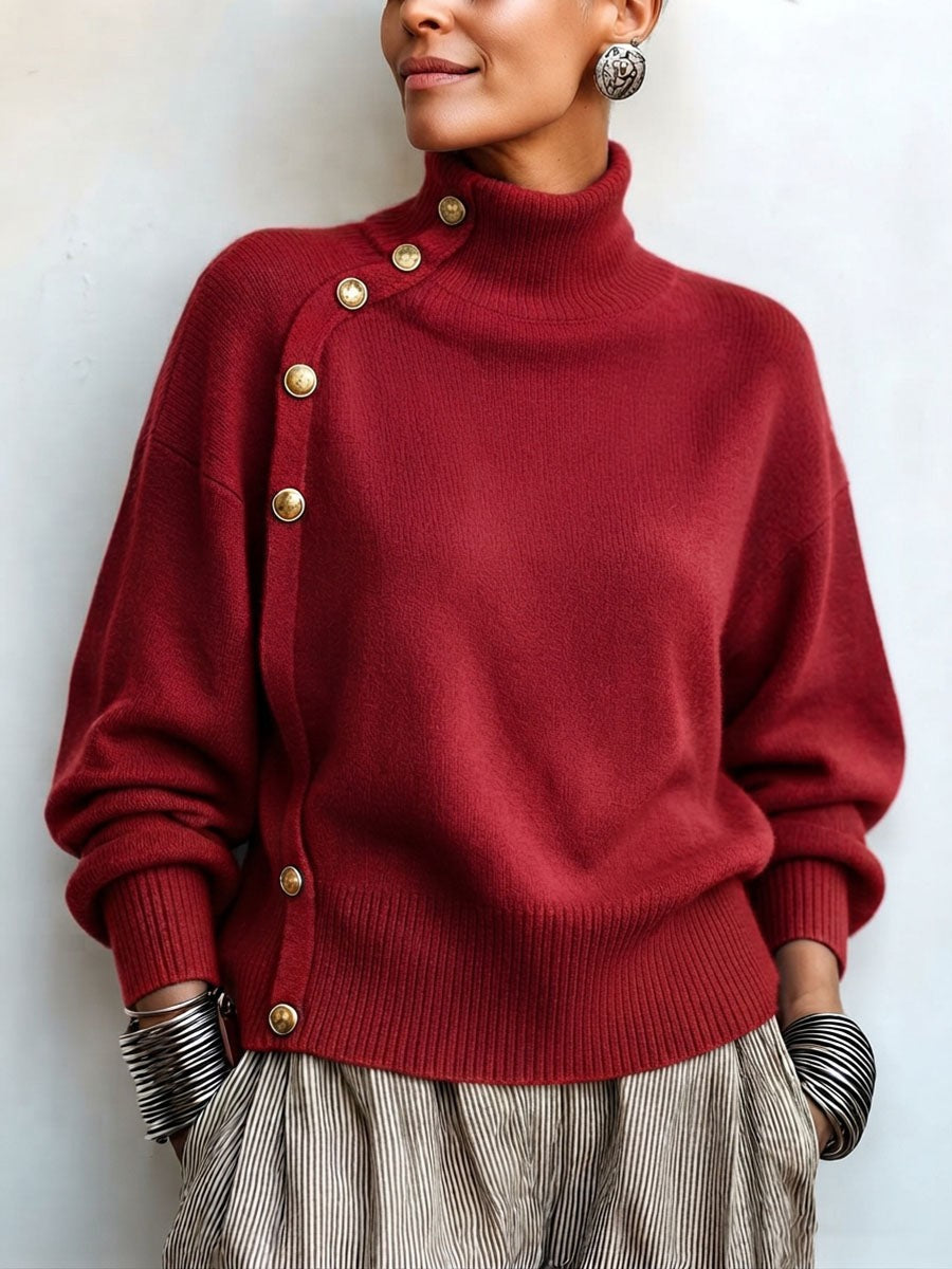 Margaux | Pull pour Femme Col Roulé Asymétrique Boutonné Coupe Ample - Rouge