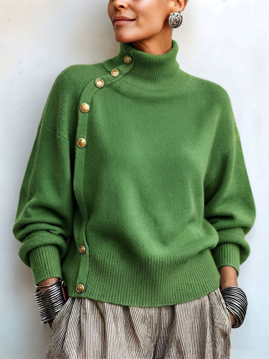 Margaux | Pull pour Femme Col Roulé Asymétrique Boutonné Coupe Ample - Vert