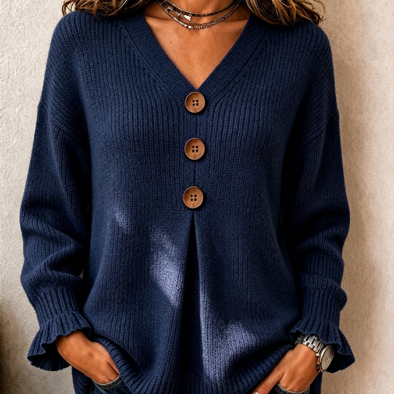 Margaux | Pull pour Femme Col V Boutonné Coupe Décontractée - Bleu Marine
