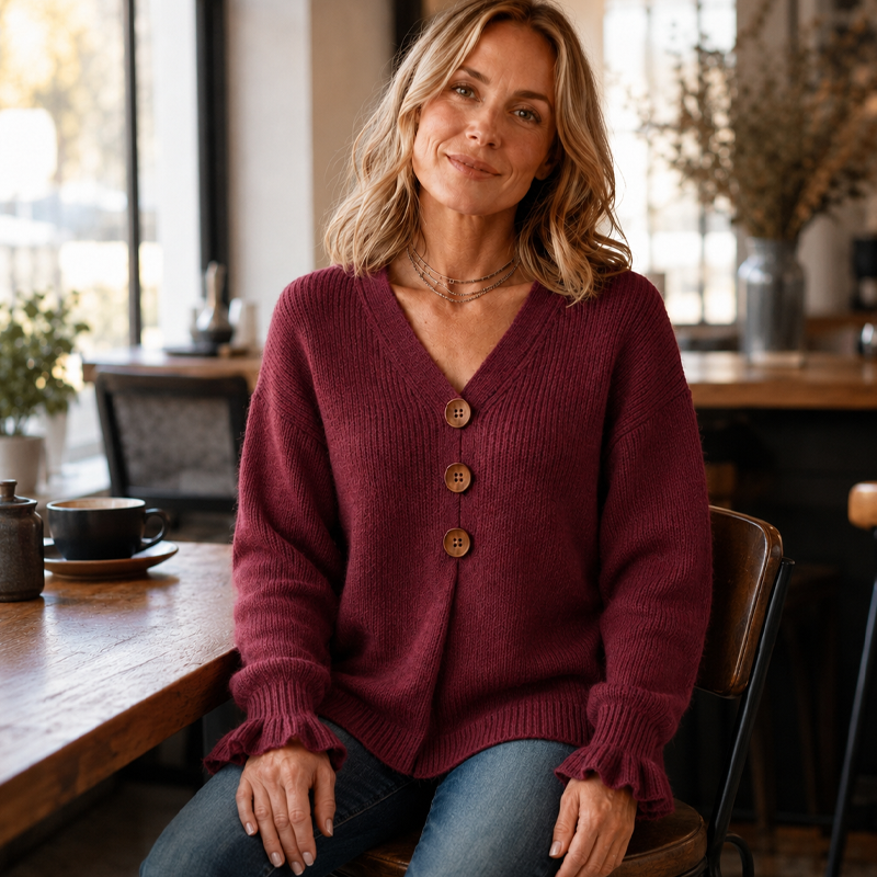 Margaux | Pull pour Femme Col V Boutonné Coupe Décontractée - Orange