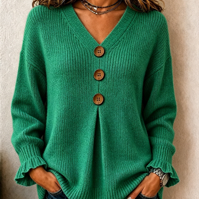 Margaux | Pull pour Femme Col V Boutonné Coupe Décontractée - Vert