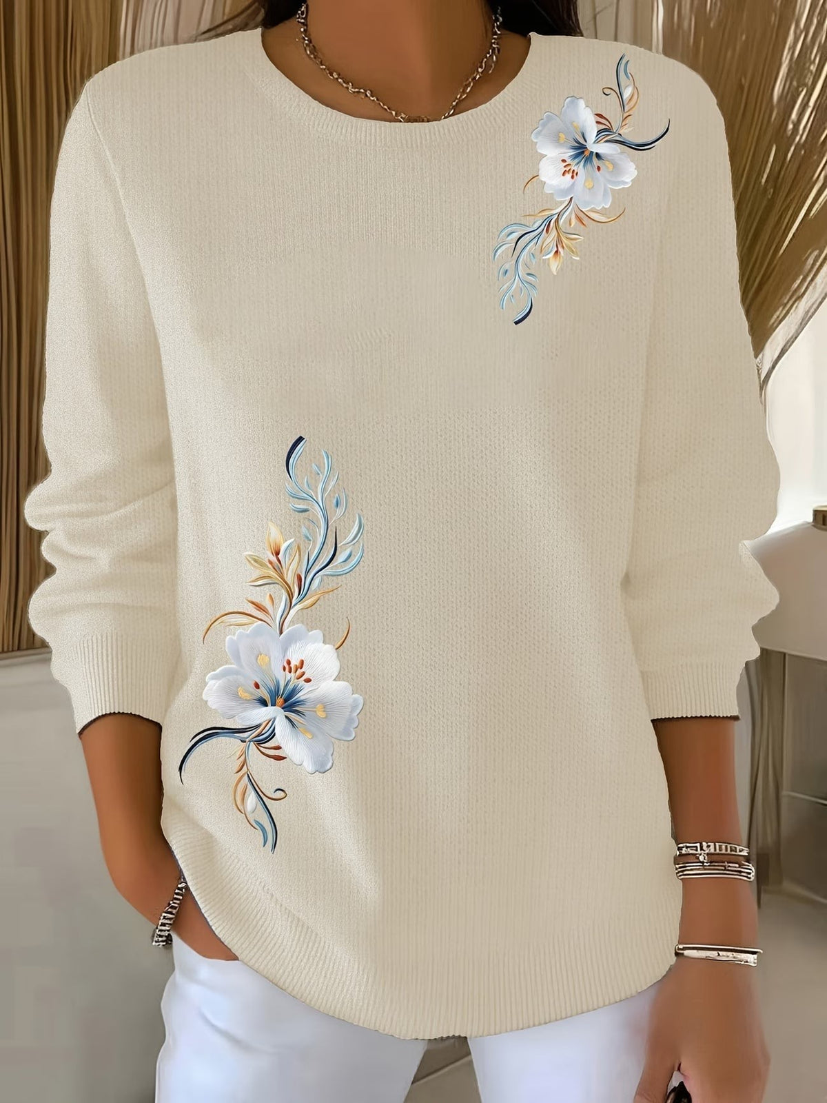 Margaux | Pull pour Femme Coupe Ample Imprimé Floral Col Rond - Abricot