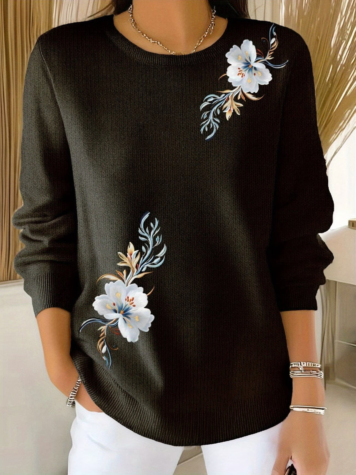 Margaux | Pull pour Femme Coupe Ample Imprimé Floral Col Rond - Noir