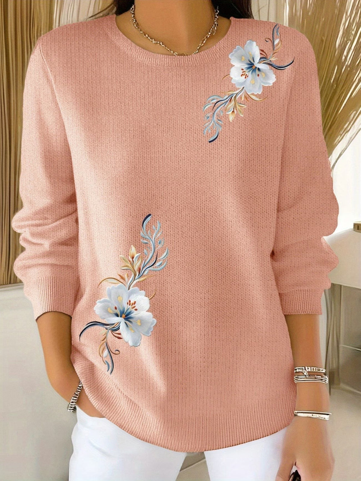 Margaux | Pull pour Femme Coupe Ample Imprimé Floral Col Rond - Rose