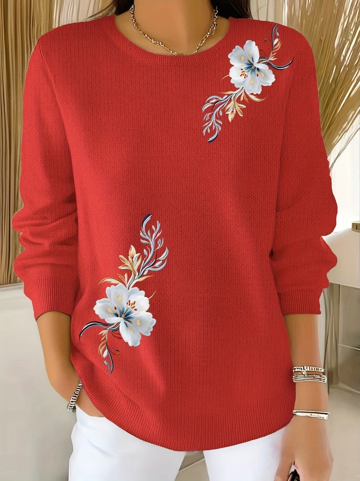 Margaux | Pull pour Femme Coupe Ample Imprimé Floral Col Rond - Rouge
