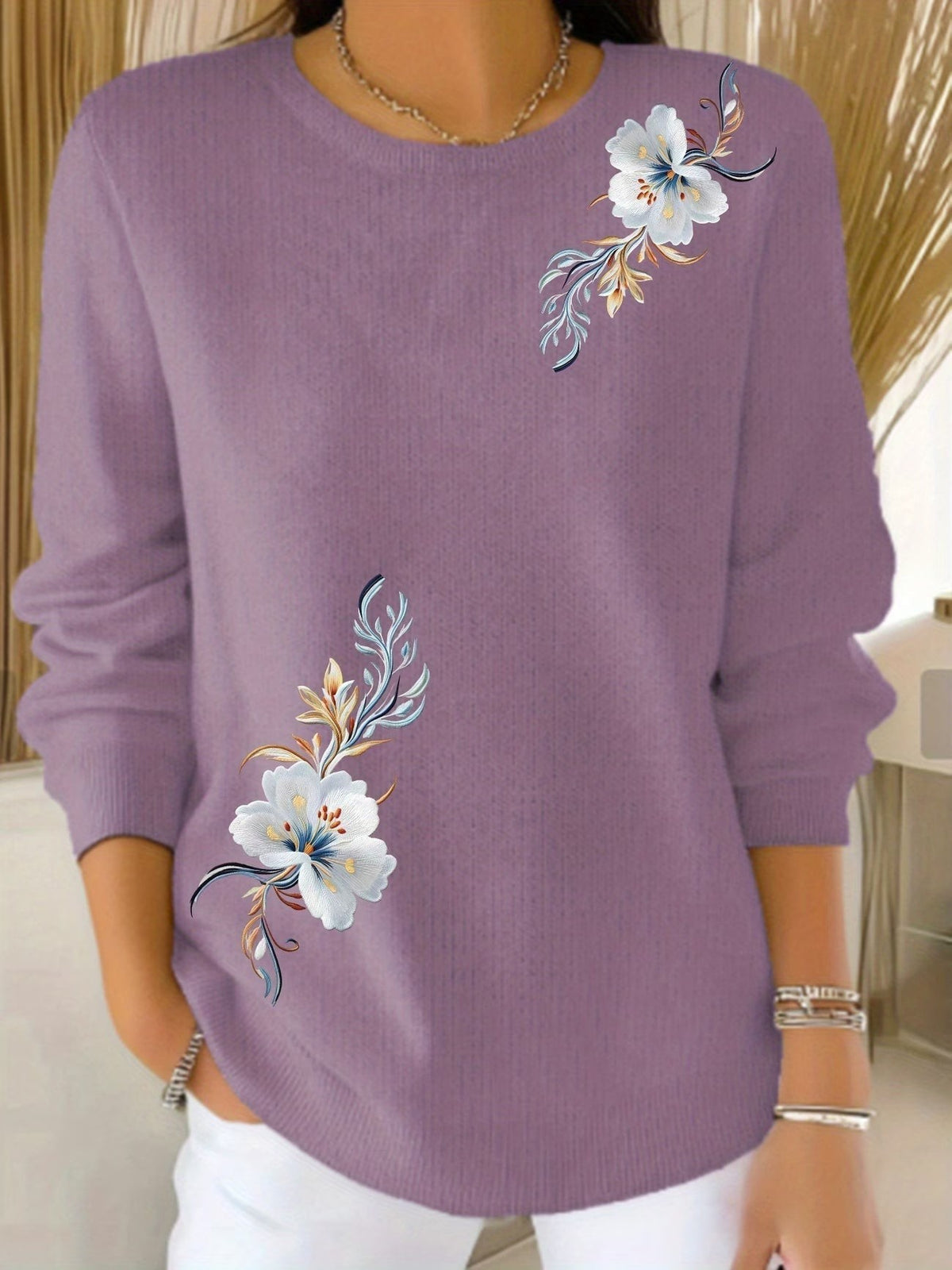 Margaux | Pull pour Femme Coupe Ample Imprimé Floral Col Rond - Violet