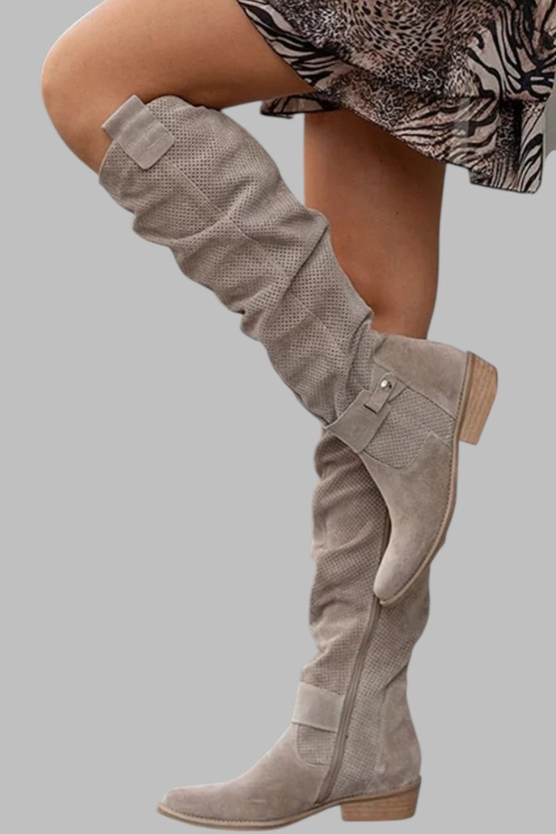 Maxime | Bottes Montantes Femme Textile Perforé Talon Bas Fermeture Éclair - Kaki