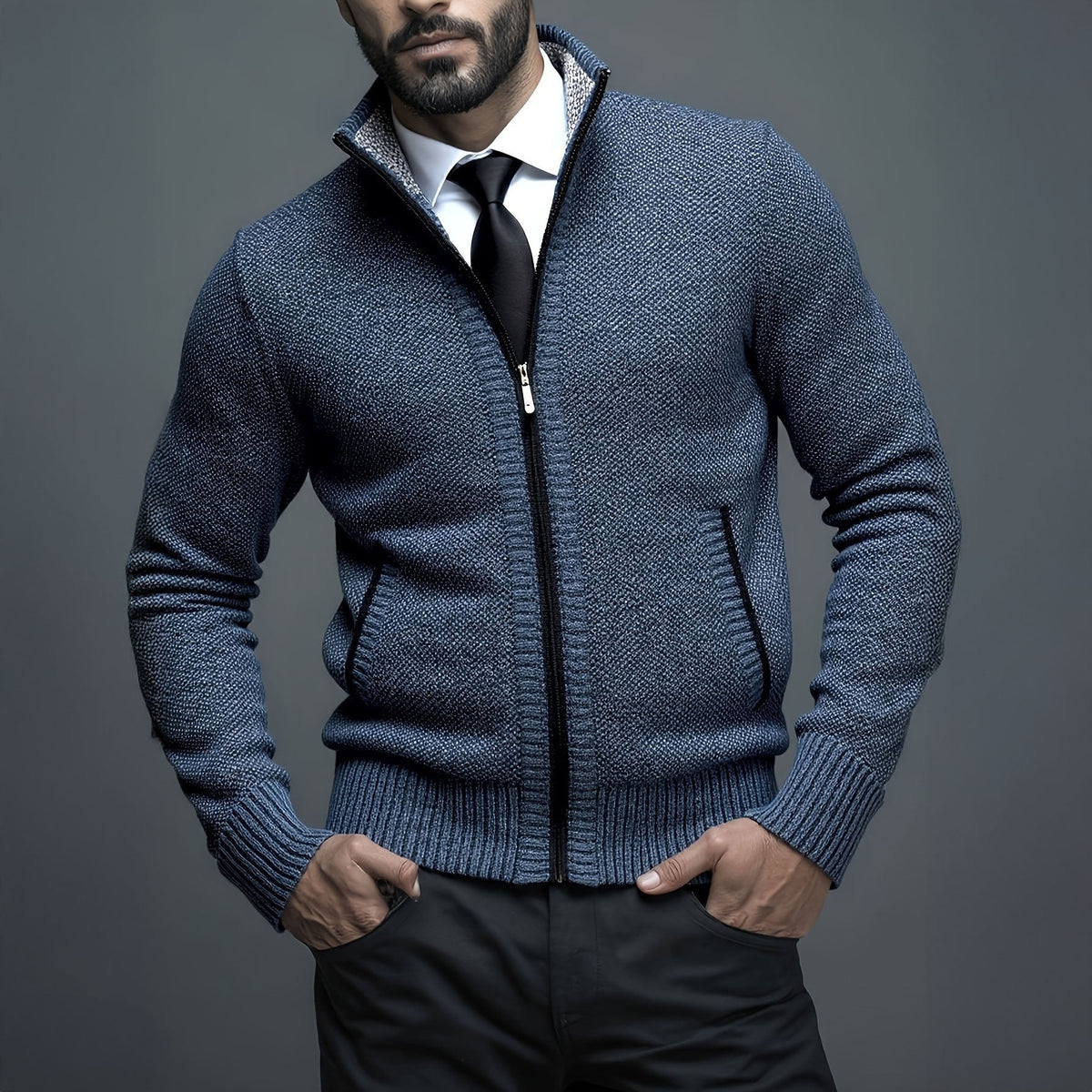 Maxime | Gilet Homme Rits Coupe Ajustée Tricot Structuré - Bleu