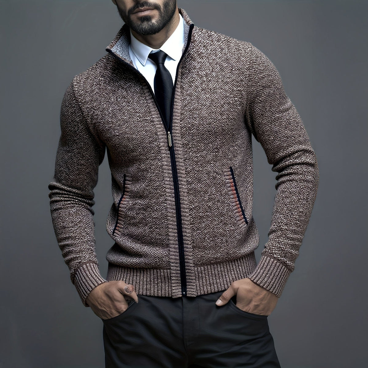 Maxime | Gilet Homme Rits Coupe Ajustée Tricot Structuré - Café