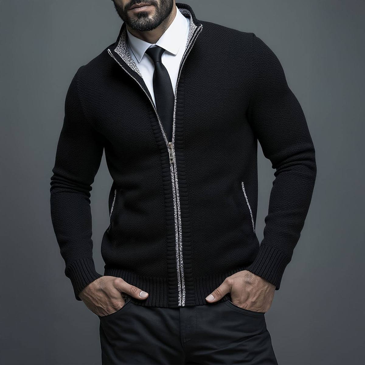 Maxime | Gilet Homme Rits Coupe Ajustée Tricot Structuré - Noir