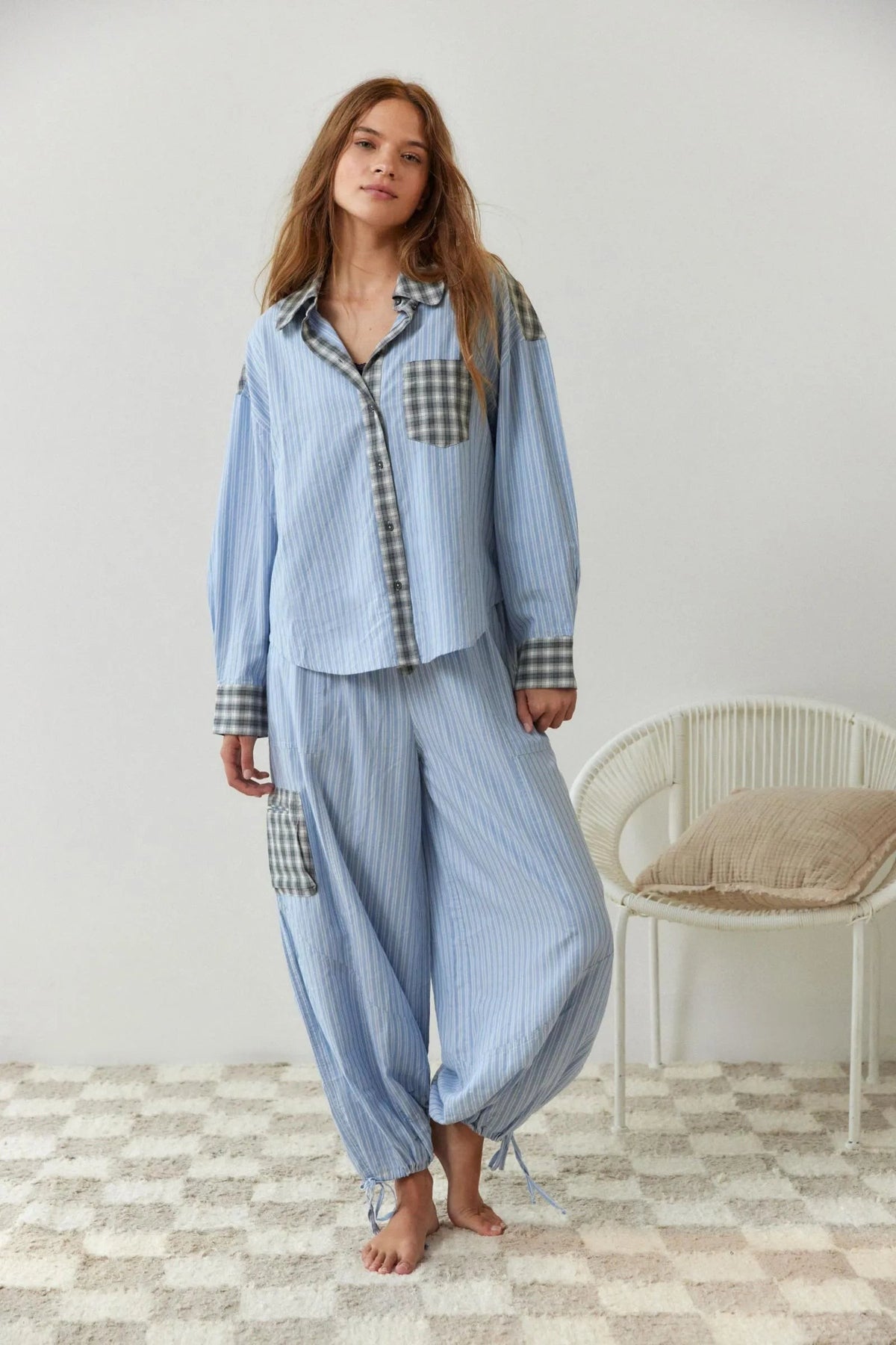 Maxime | Pyjama Femme Deux Pièces Motif Carreaux Polyester Coupe Ample - Bleu