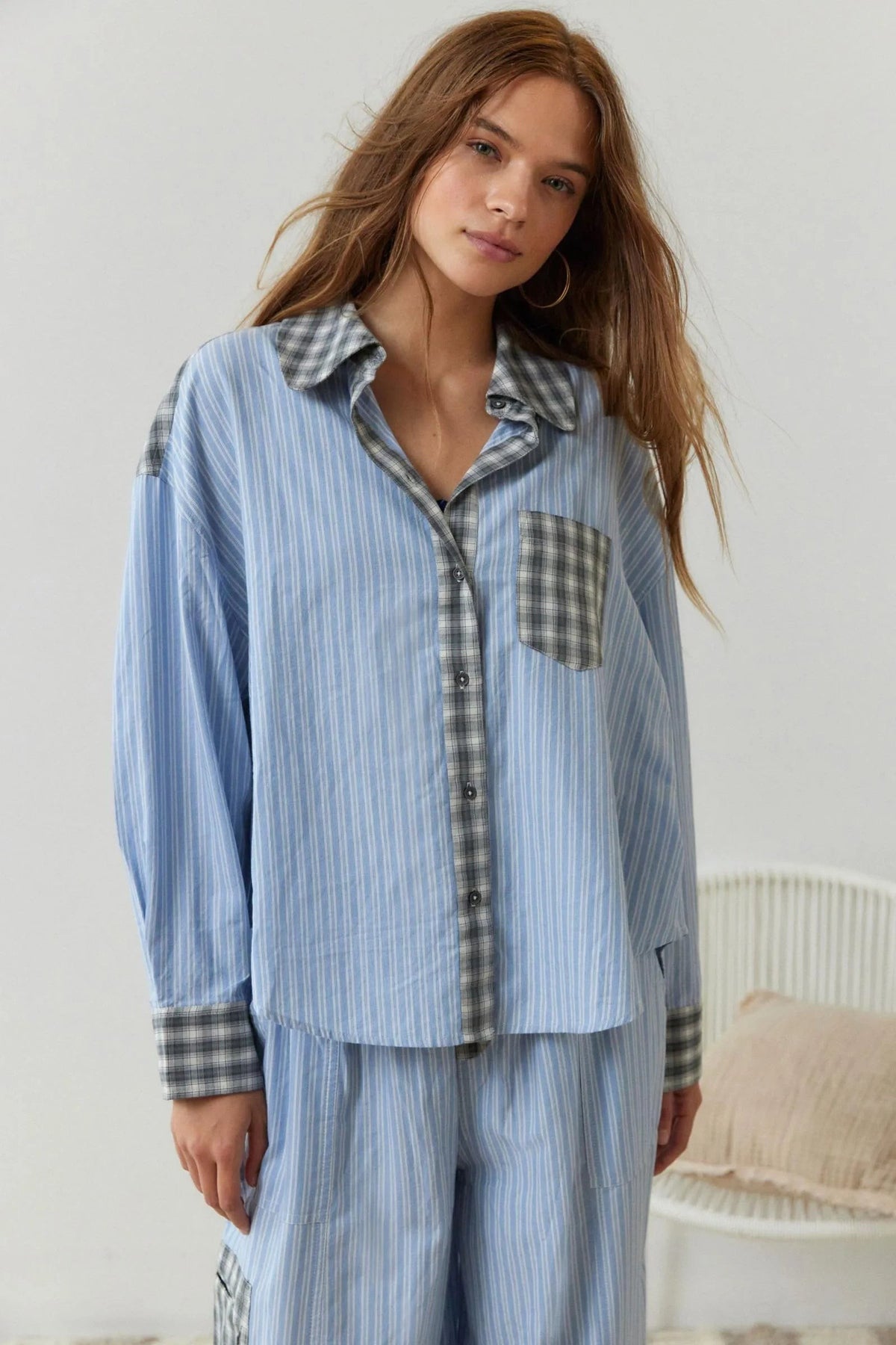 Maxime | Pyjama Femme Deux Pièces Motif Carreaux Polyester Coupe Ample - Bleu