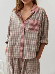 Maxime | Pyjama Femme Deux Pièces Motif Carreaux Polyester Coupe Ample - Marron