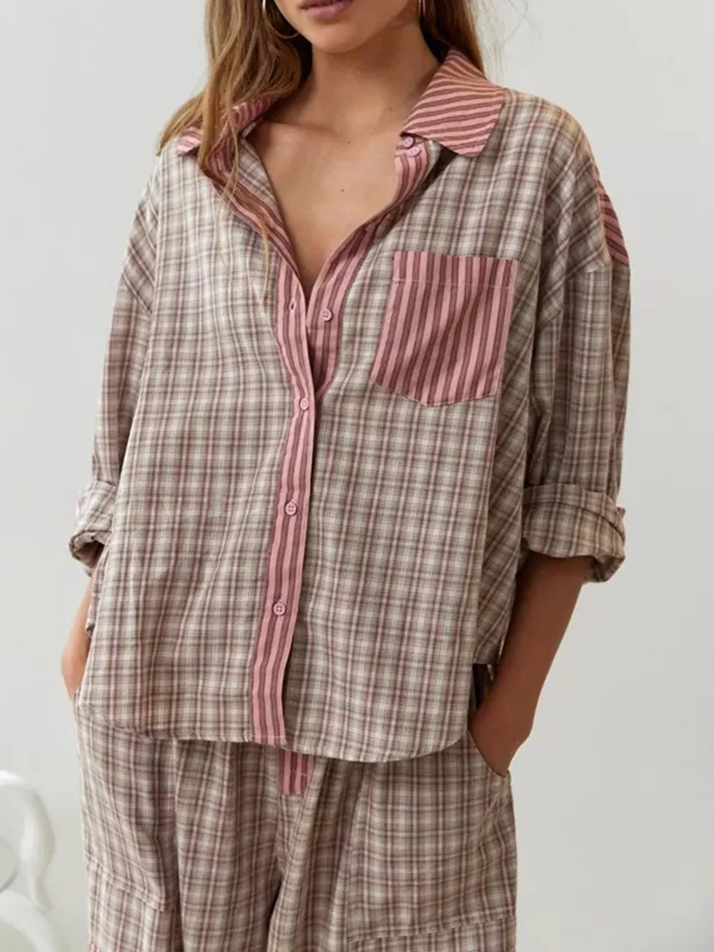 Maxime | Pyjama Femme Deux Pièces Motif Carreaux Polyester Coupe Ample - Marron