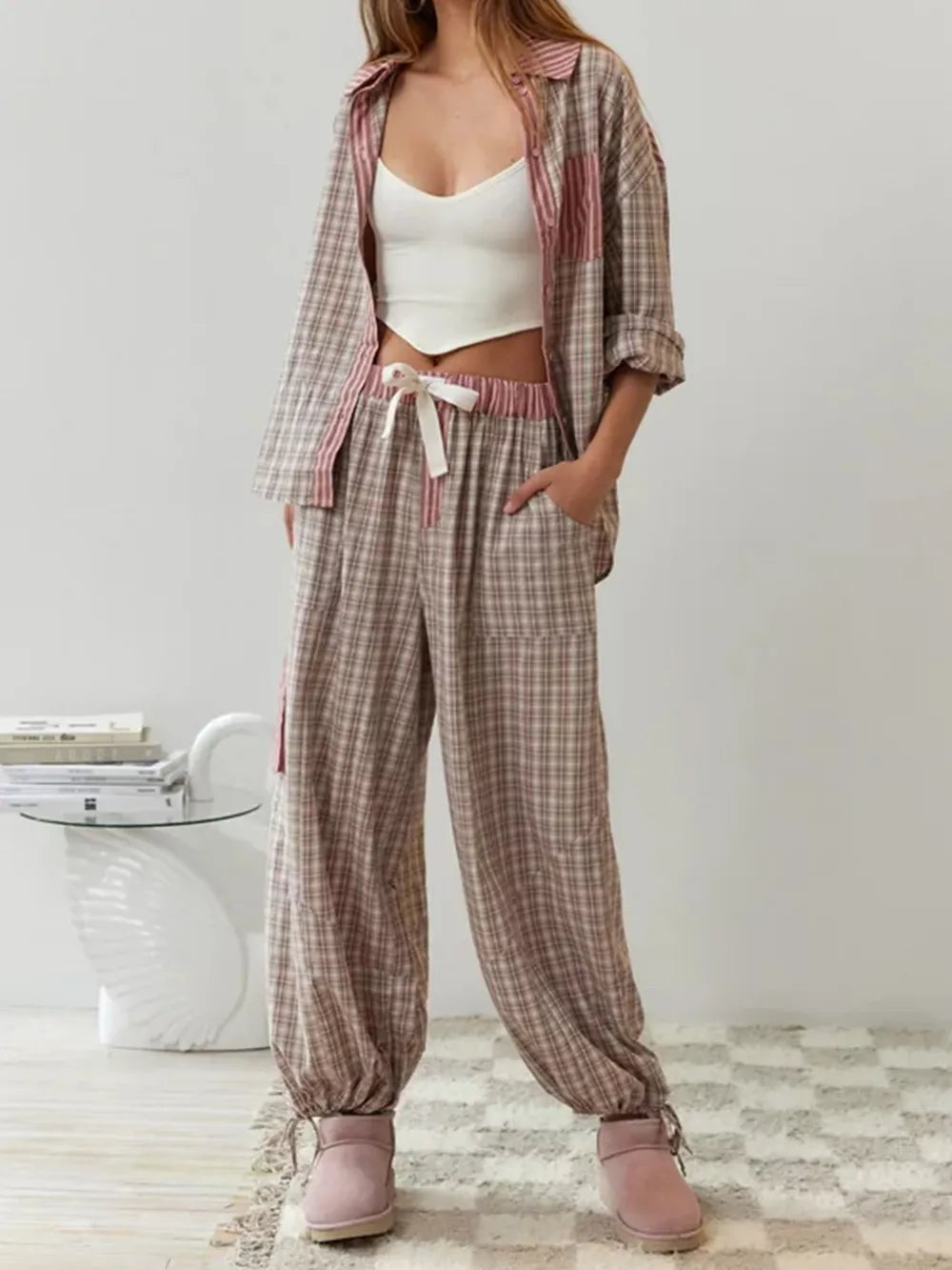 Maxime | Pyjama Femme Deux Pièces Motif Carreaux Polyester Coupe Ample - Marron