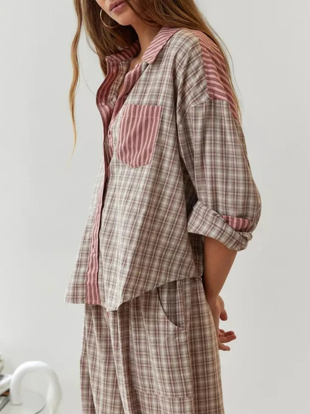 Maxime | Pyjama Femme Deux Pièces Motif Carreaux Polyester Coupe Ample - Marron
