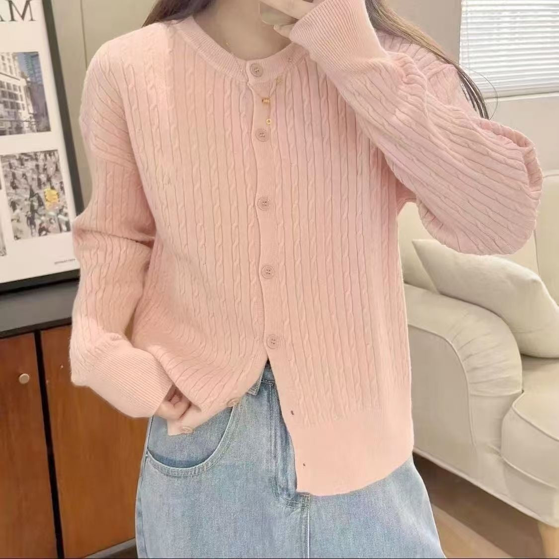 Mila | Cardigan pour Femme Coupe Ample Tricot Câblé Boutons Coton - Rose