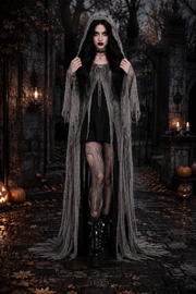Mila | Déguisement Halloween Femme Cape de Sorcière à Capuche Effilochée Traînante - Gris