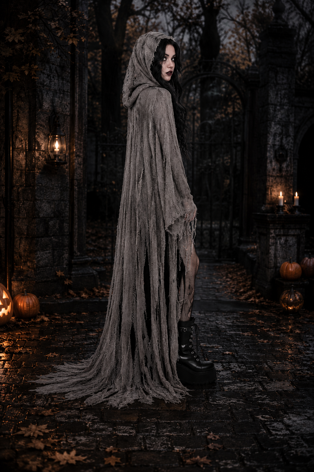 Mila | Déguisement Halloween Femme Cape de Sorcière à Capuche Effilochée Traînante - Gris