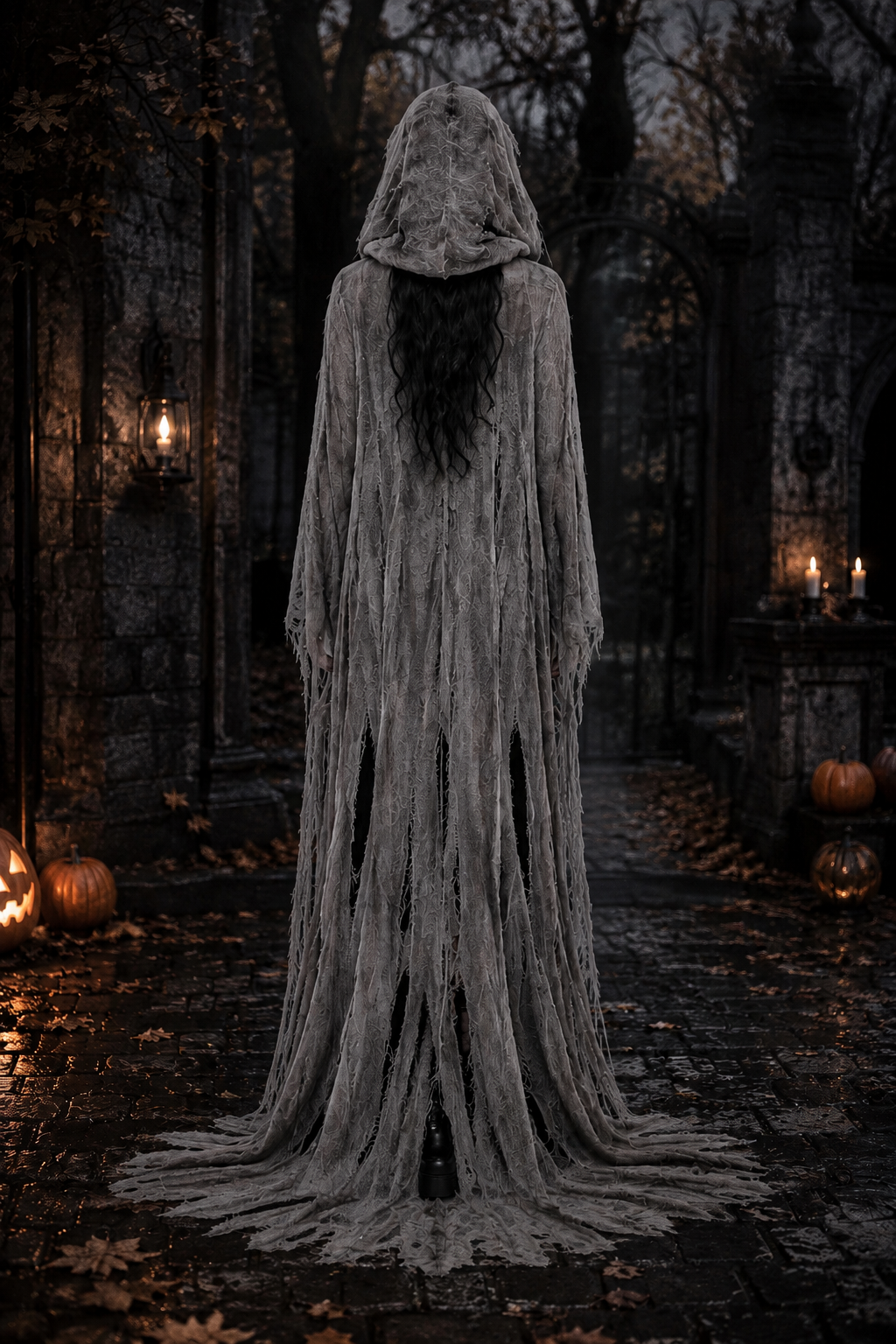 Mila | Déguisement Halloween Femme Cape de Sorcière à Capuche Effilochée Traînante - Gris