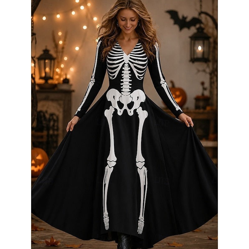 Mila | Déguisement Halloween Femme Robe Maxi Manches Longues Squelette Encolure V - Blanc