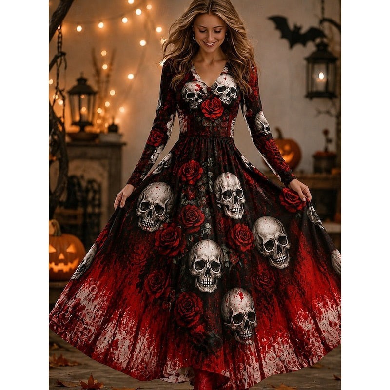 Mila | Déguisement Halloween Femme Robe Maxi Manches Longues Squelette Encolure V - Bordeaux